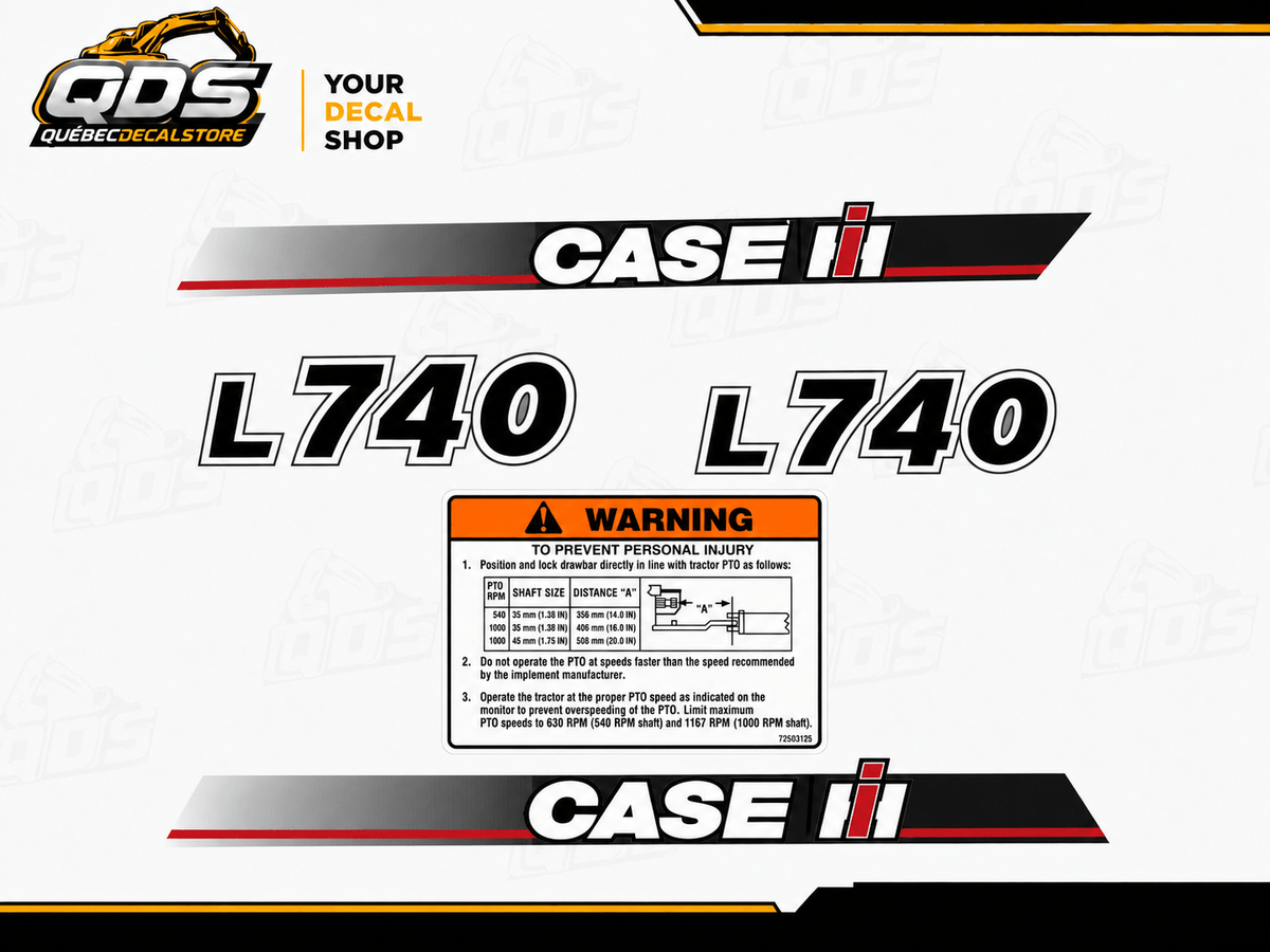 Premium Front Loader Decal Kit for CASE L740, L745, and L735 – aftermarket replacement decals shown in the kit