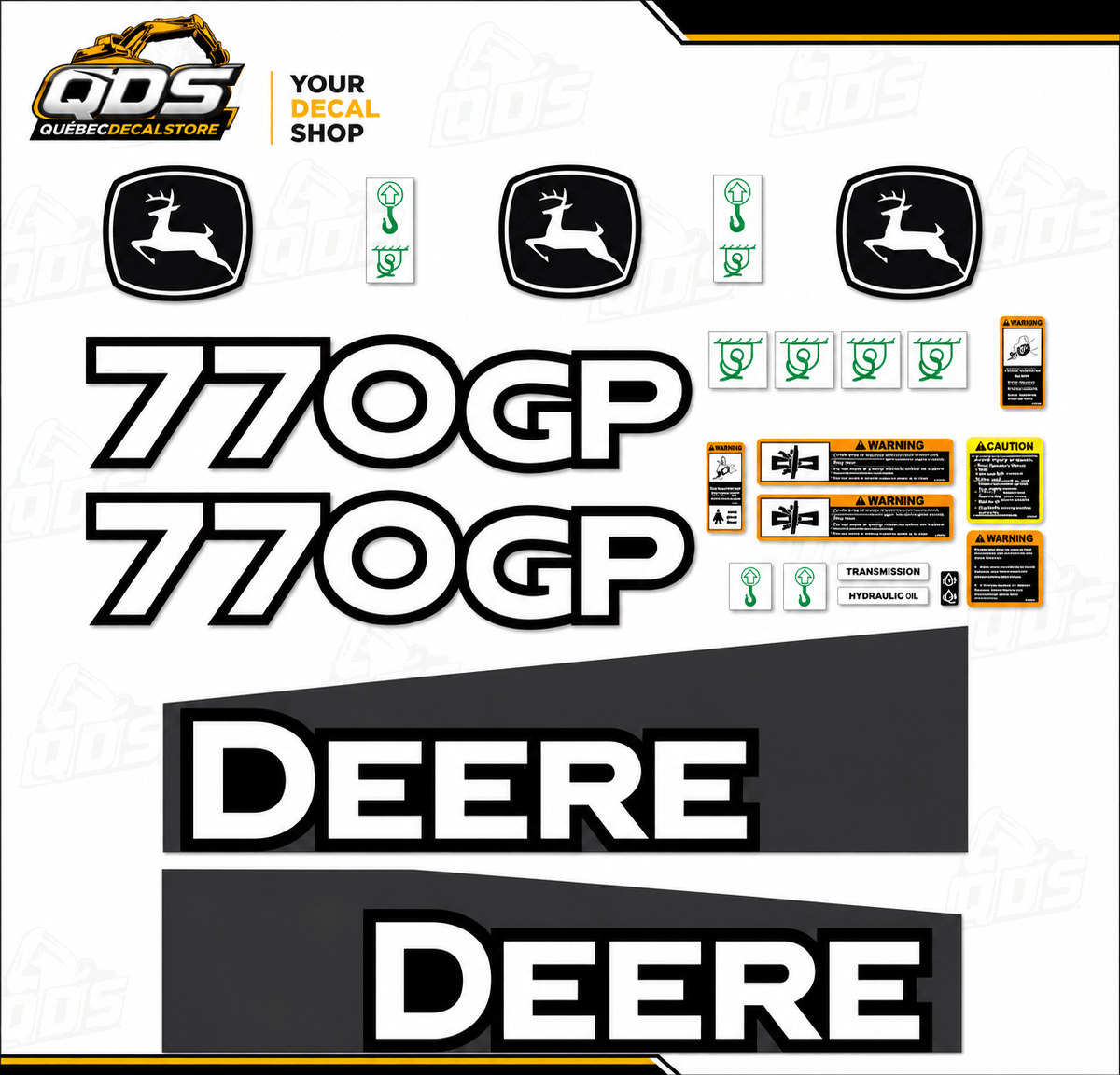 John Deere 770GP grader – aftermarket replacement decals shown in the kit