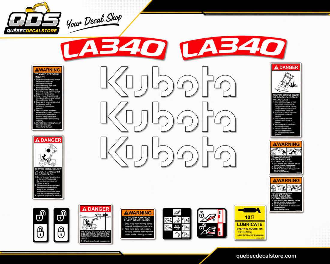 Kit Complet pour Tracteur Kubota LA340 en Vinyle imperméable laminé / Guarantie 7ansQuébecDecalstore