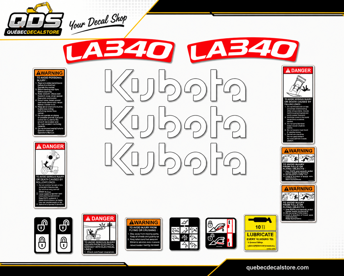 Kit Complet pour Tracteur Kubota LA340 en Vinyle imperméable laminé / Guarantie 7ansQuébecDecalstore