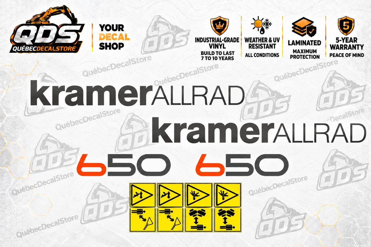 Kramer Allrad 650 replacement loader decal kit with two brand wordmarks, two red and black 650 model markings and yellow warning pictograms