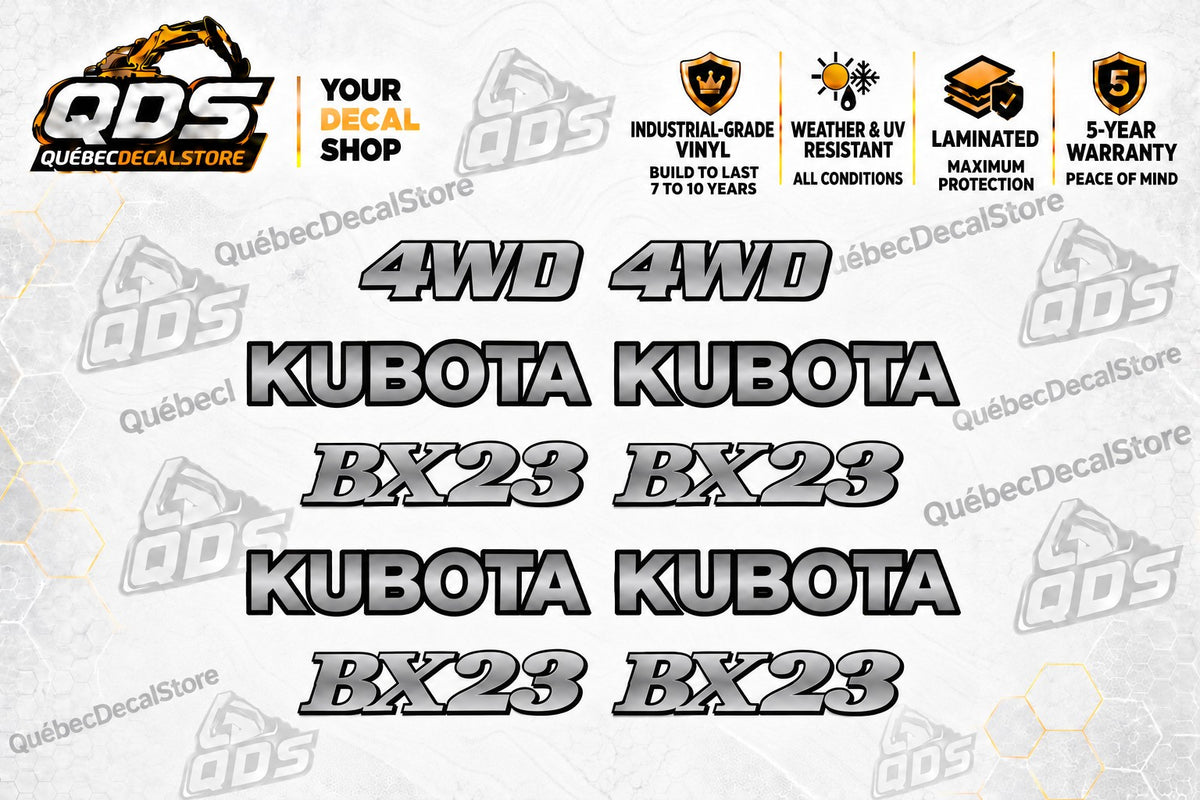 Kubota BX23 silver and black decal kit with four KUBOTA logos, four BX23 marks and two 4WD badges
