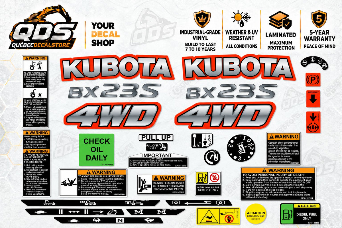 Kubota BX23S Tractor Decal Kit – Classic Orange Style