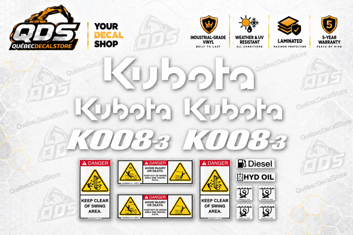 طقم ملصقات لحفارة صغيرة Kubota K008-3 – شعارات بيضاء