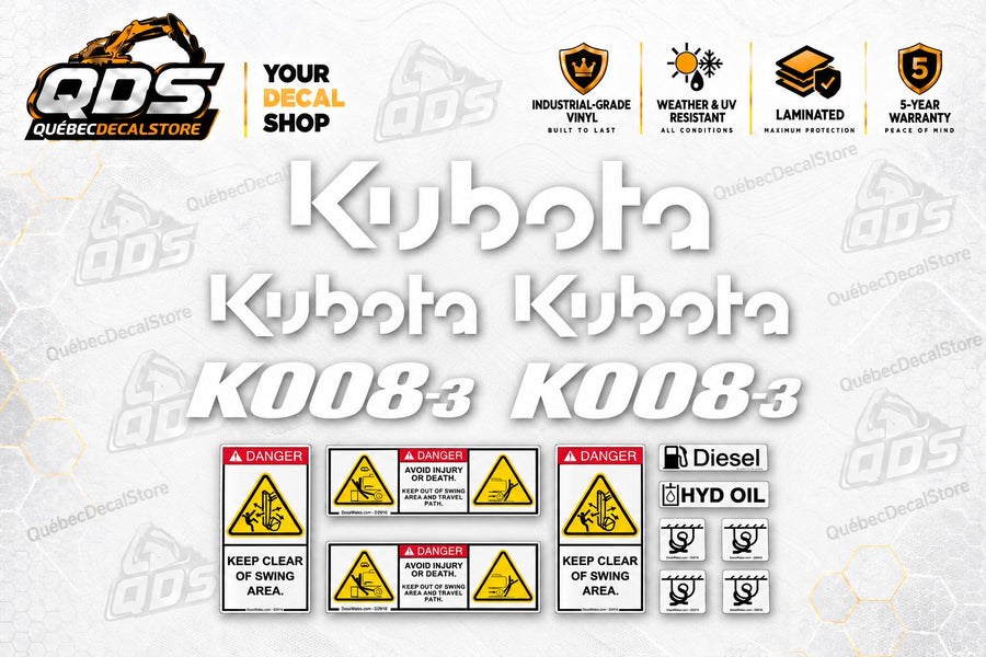 طقم ملصقات لحفارة صغيرة Kubota K008-3 – شعارات بيضاء