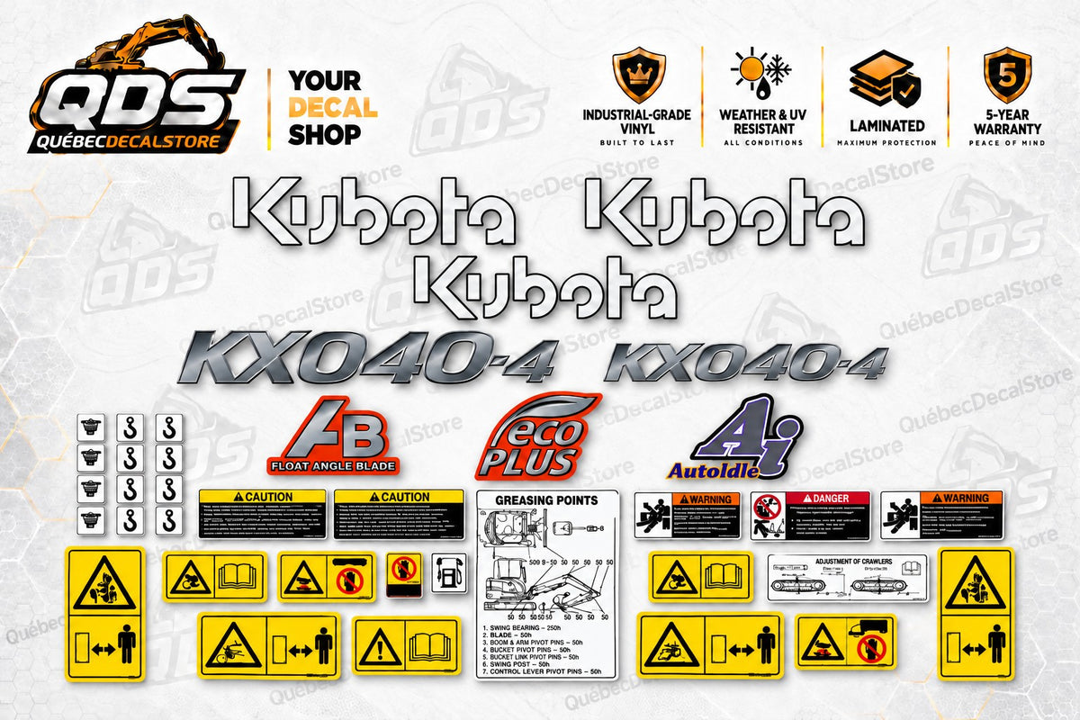 طقم ملصقات لحفارة صغيرة Kubota KX040-4 – شعارات فضية
