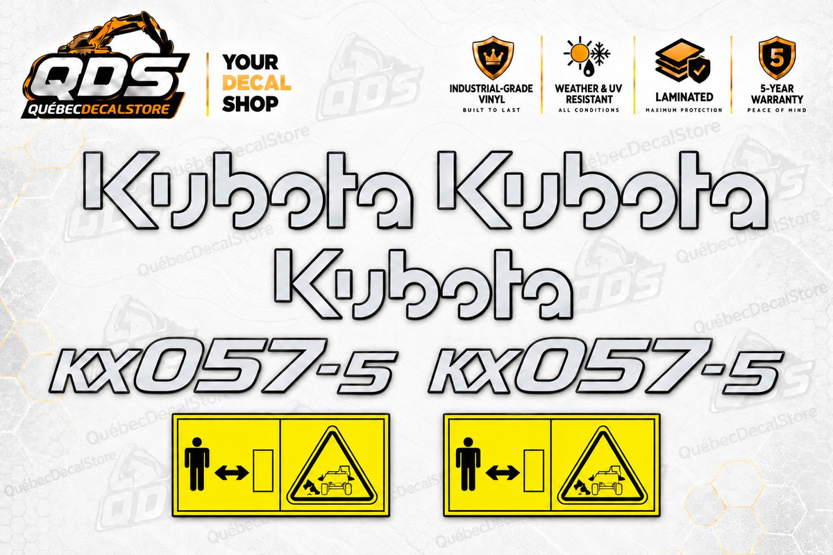 Kubota KX057-5 aftermarket mini excavator decal kit with three light-coloured Kubota logos, two model markings and two yellow warning decals on the QuébecDecalStore background