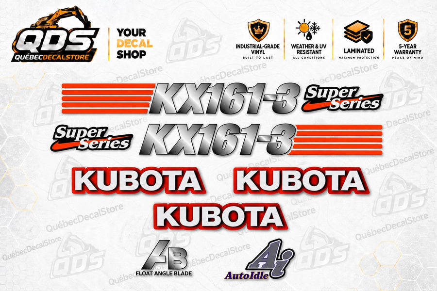 Kubota KX161-3 excavator aftermarket decal kit with orange stripes, Super Series graphics, three Kubota logos, FAB and Auto Idle badges — QuébecDecalStore
