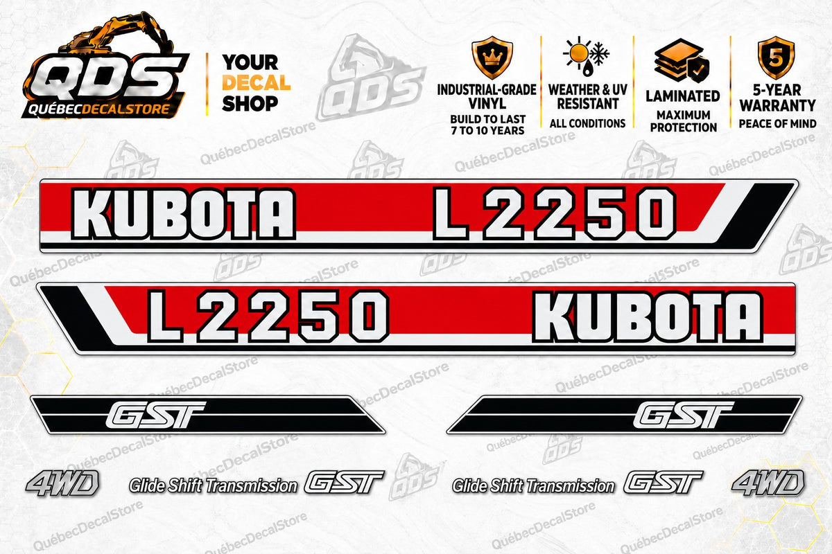Kubota L2250 Tractor Decal Kit – Red Hood, GST & 4WD Graphics