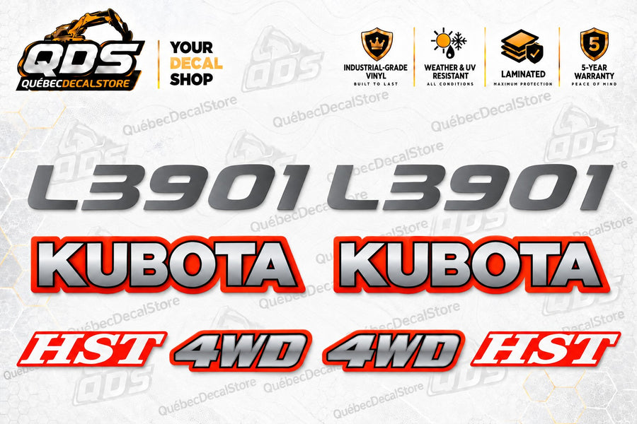Kubota L3901 HST 4WD tractor replacement decal kit showing two L3901, two Kubota, two HST and two 4WD decals — QuébecDecalStore
