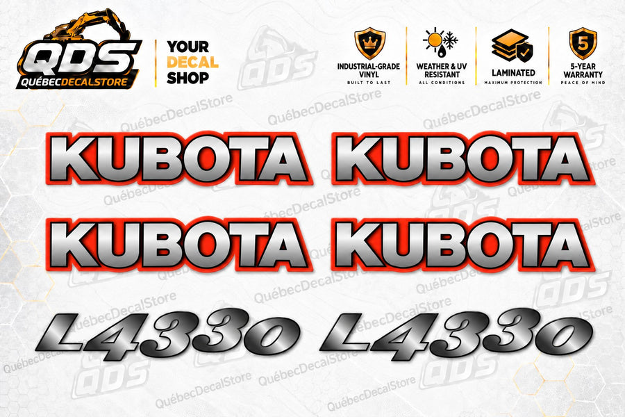 Kubota L4330 tractor aftermarket decal kit with four orange-bordered Kubota logos and two silver L4330 model decals — QuébecDecalStore
