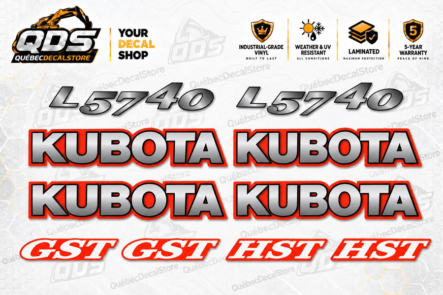Kubota L5740 tractor aftermarket decal kit with two model decals, four Kubota logos, two GST and two HST decals — QuébecDecalStore