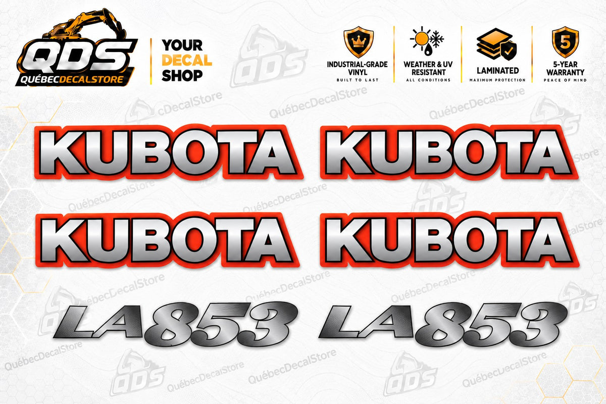 Kubota LA853 front loader replacement decal kit showing four Kubota logos and two LA853 model decals — QuébecDecalStore