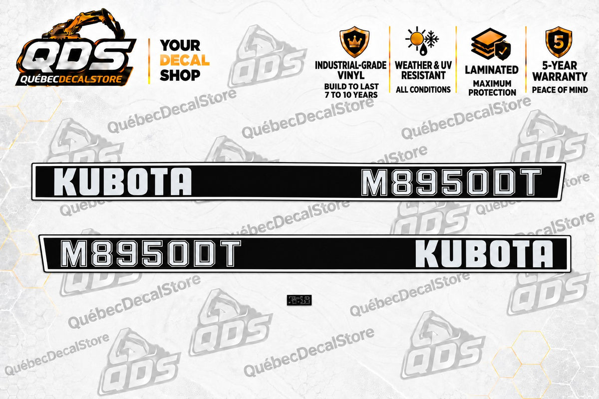 Kubota M8950DT black and white hood-side graphics and the small pictured label