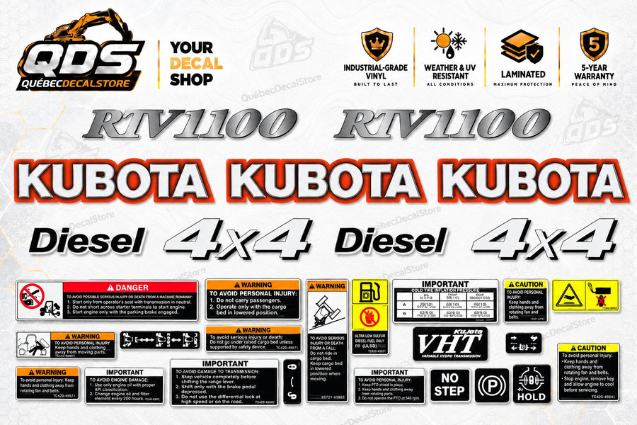 Kubota RTV1100 utility vehicle aftermarket decal kit with model graphics, three Kubota logos, Diesel and 4x4 lettering, safety and control labels — QuébecDecalStore