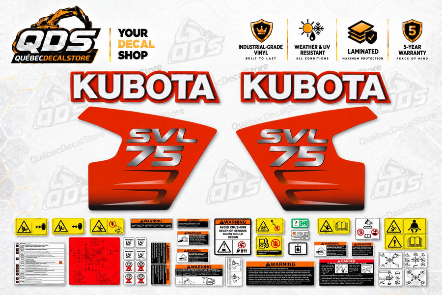 Kubota SVL75 compact track loader aftermarket decal kit with orange left and right side panels, two Kubota logos and safety and control labels — QuébecDecalStore