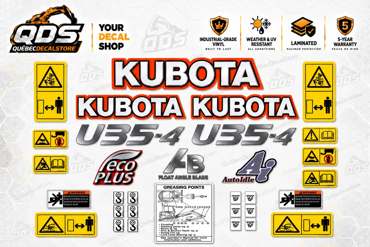 طقم ملصقات لحفارة صغيرة Kubota U35-4 – شعارات بإطار برتقالي