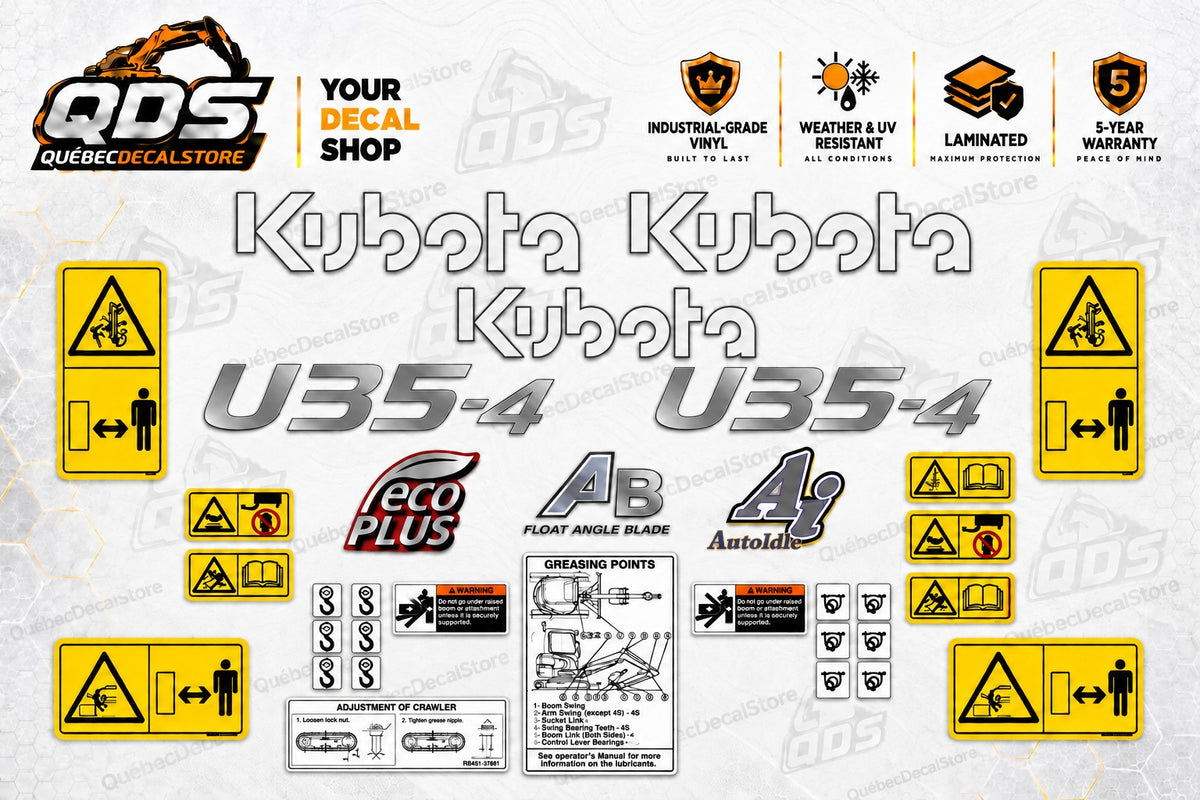 طقم ملصقات لحفارة صغيرة Kubota U35-4 – شعارات فضية