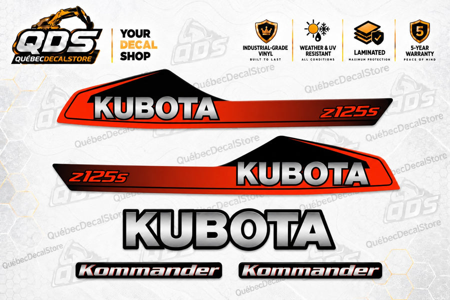 Kubota Z125S Kommander zero-turn mower aftermarket decal kit with two orange and black side graphics, a Kubota logo and two Kommander decals — QuébecDecalStore