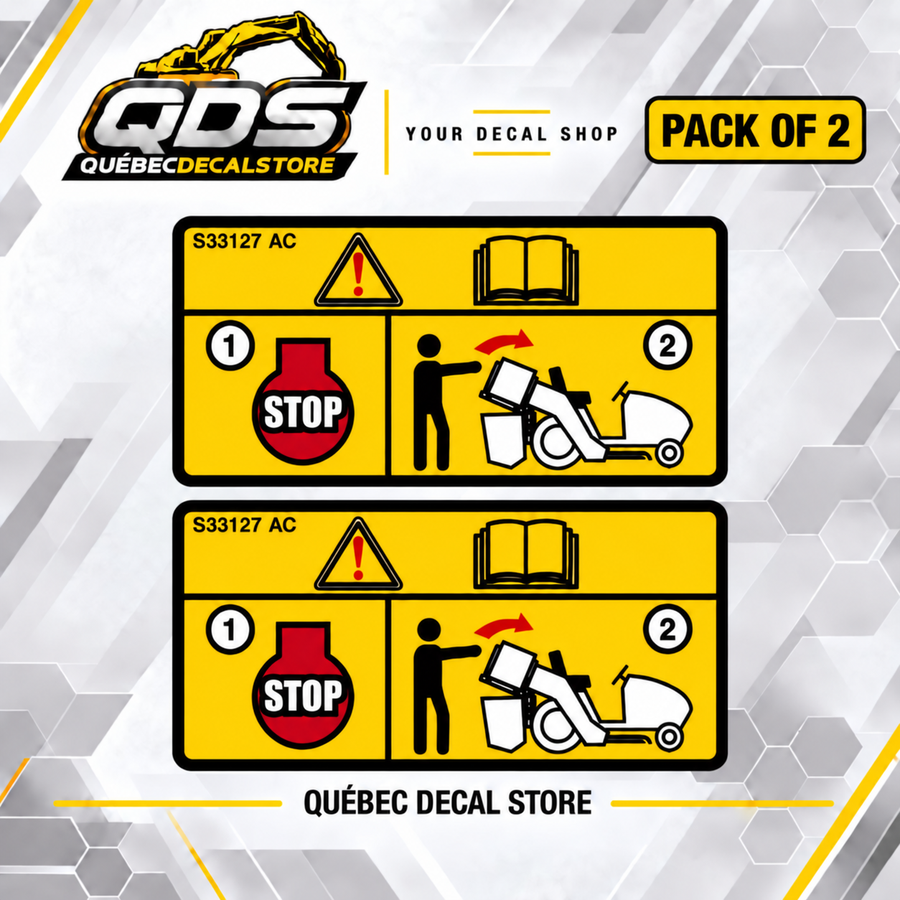 Pack of 2 S33127 AC safety decals for lawn tractor grass catchers and bagger support frames by QuébecDecalStore