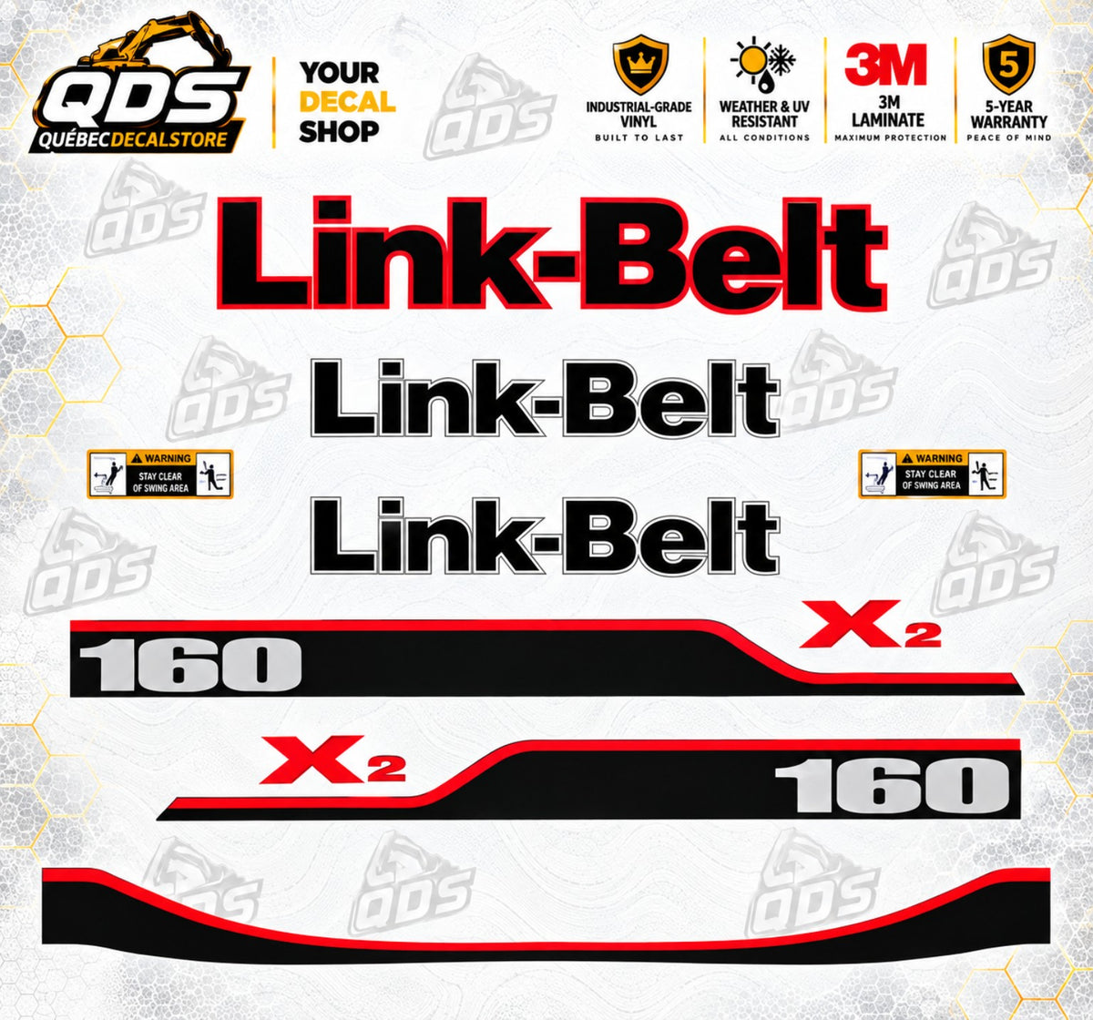 Kit de décalques pour excavatrice Link-Belt 160 X2 – Logos, bandes et avertissements