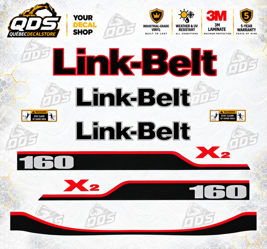 Stickerset voor Link-Belt 160 X2 graafmachine — logo’s, strepen en waarschuwingen