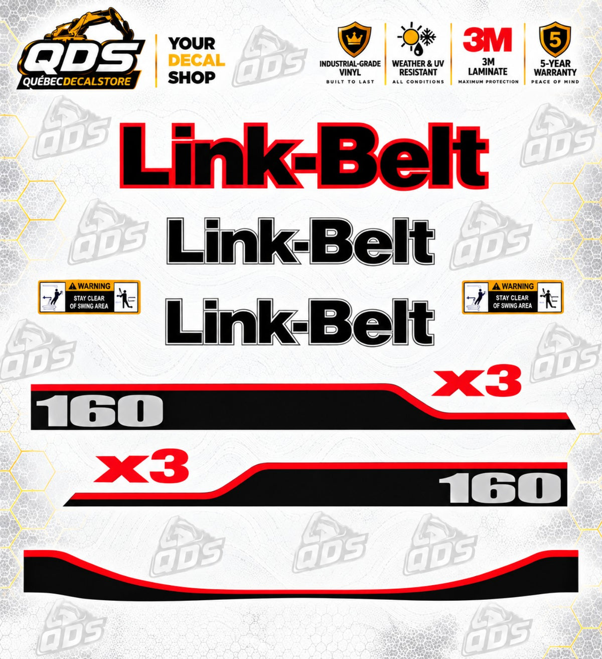 Kit de décalques pour excavatrice Link-Belt 160 X3 – Logos, bandes et avertissements