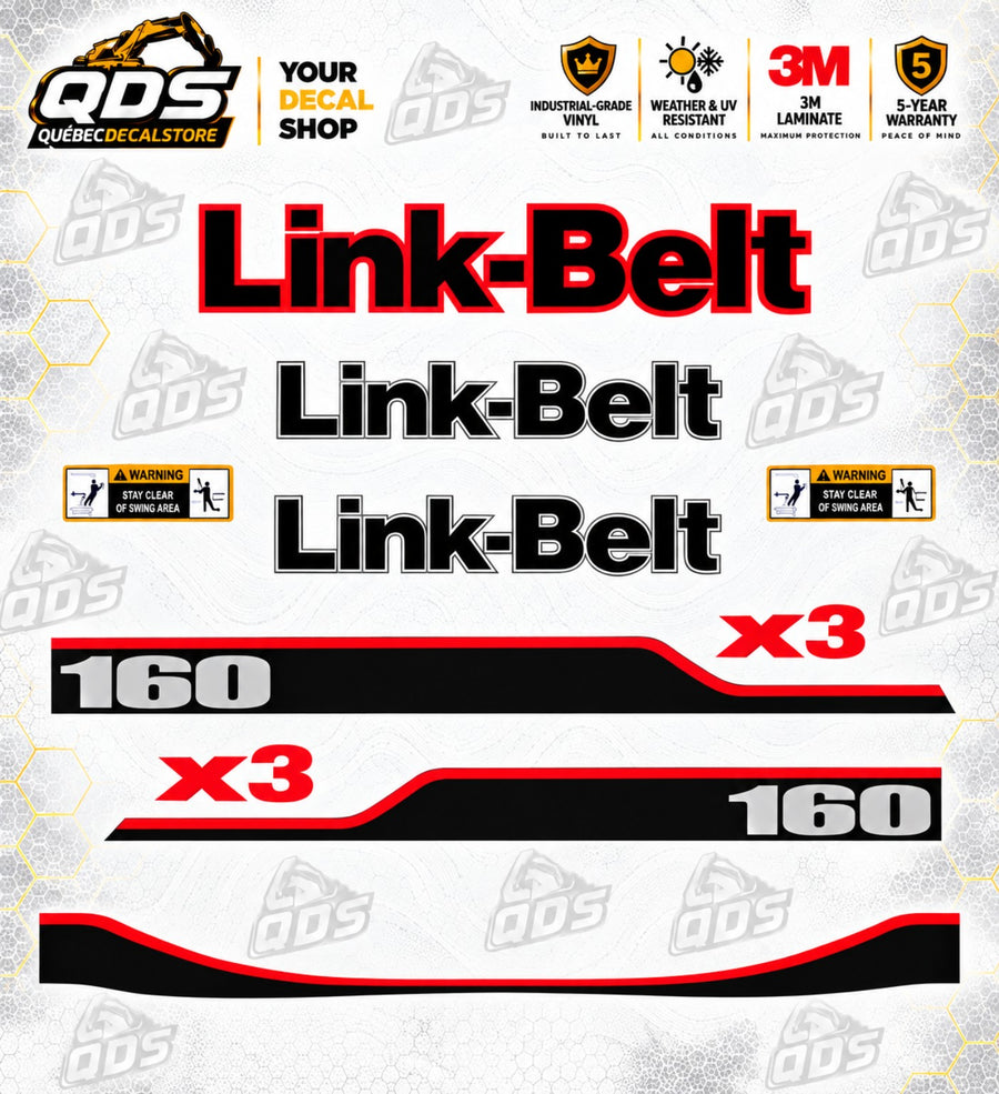 Stickerset voor Link-Belt 160 X3 graafmachine — logo’s, strepen en waarschuwingen