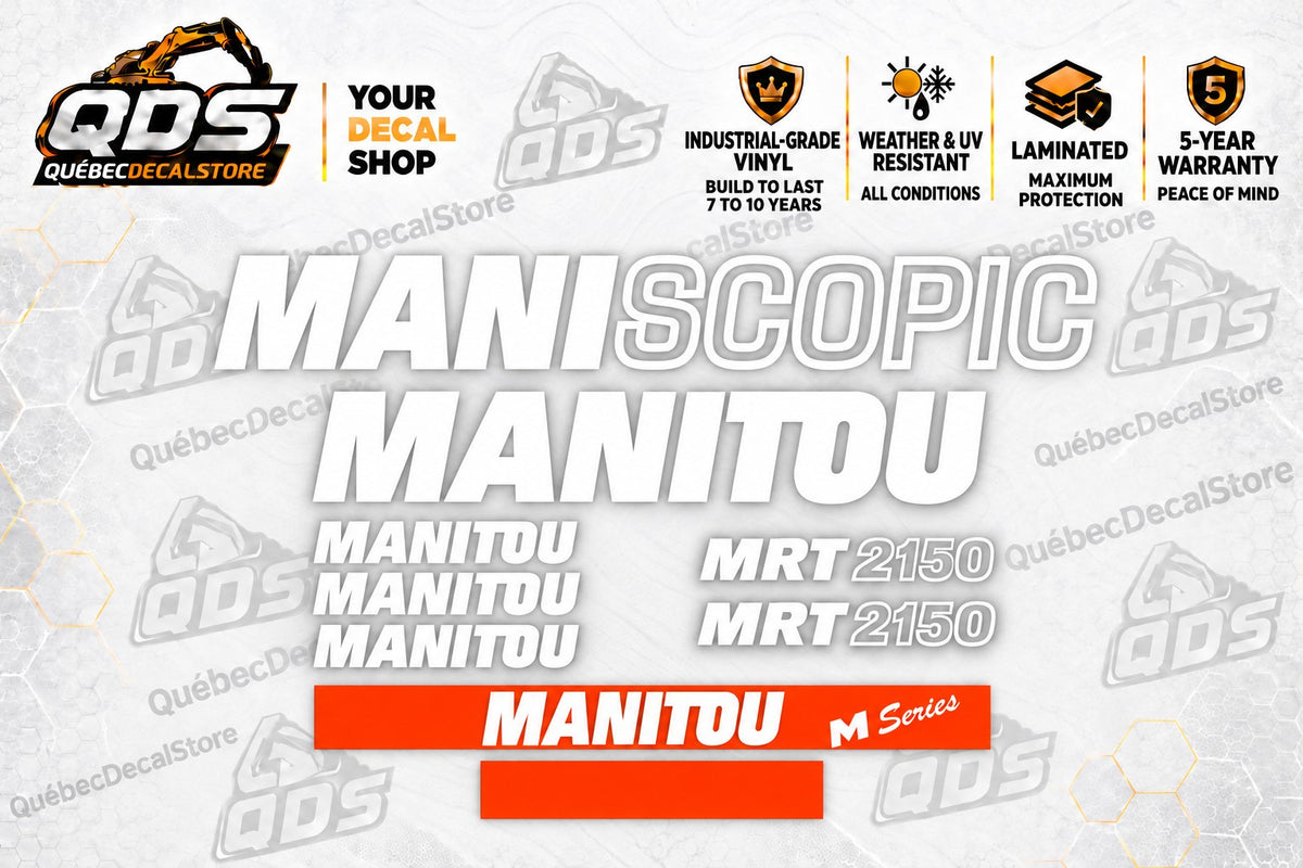 Manitou MRT2150 Maniscopic replacement rotary telehandler decal kit with white logos, two model markings and orange M Series stripes