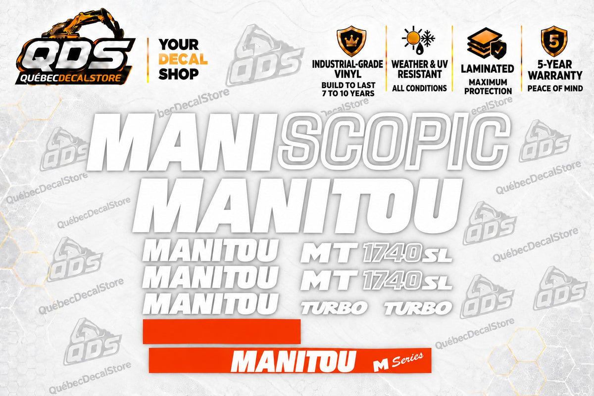 Manitou MT1740SL Maniscopic telehandler kit with white lettering, Turbo markings and red M Series graphic strips
