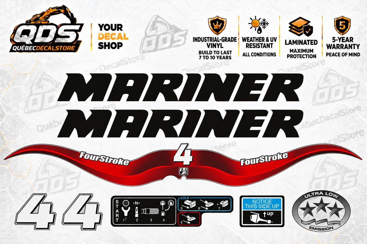 Mariner 4 HP FourStroke Outboard Decal Kit – Red Graphics & Control Labels