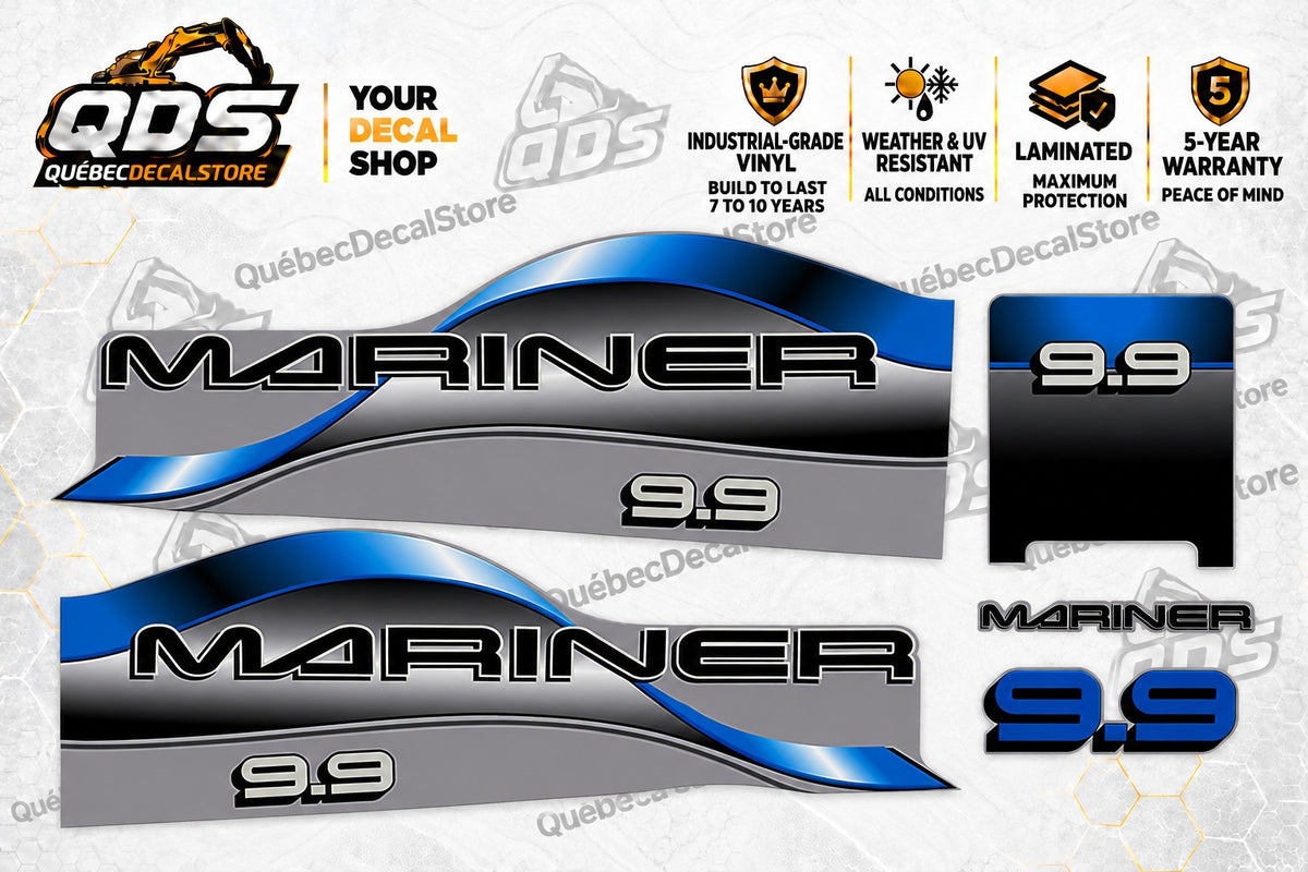 Mariner 9.9 HP Outboard Decal Kit – Blue/Silver Wave