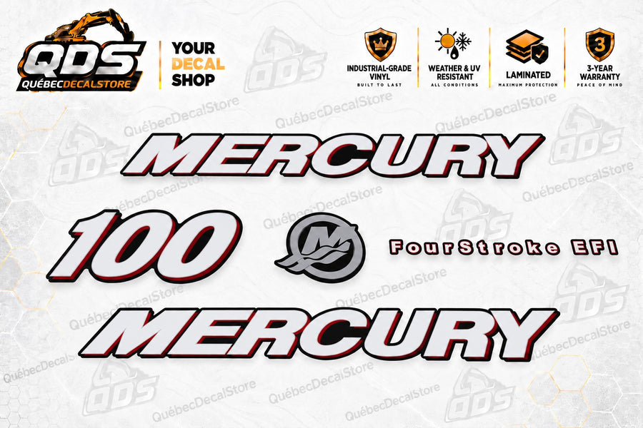 Mercury 100 HP FourStroke EFI replacement decal kit with two silver and red Mercury wordmarks, 100 marking, Mercury emblem and FourStroke EFI lettering.