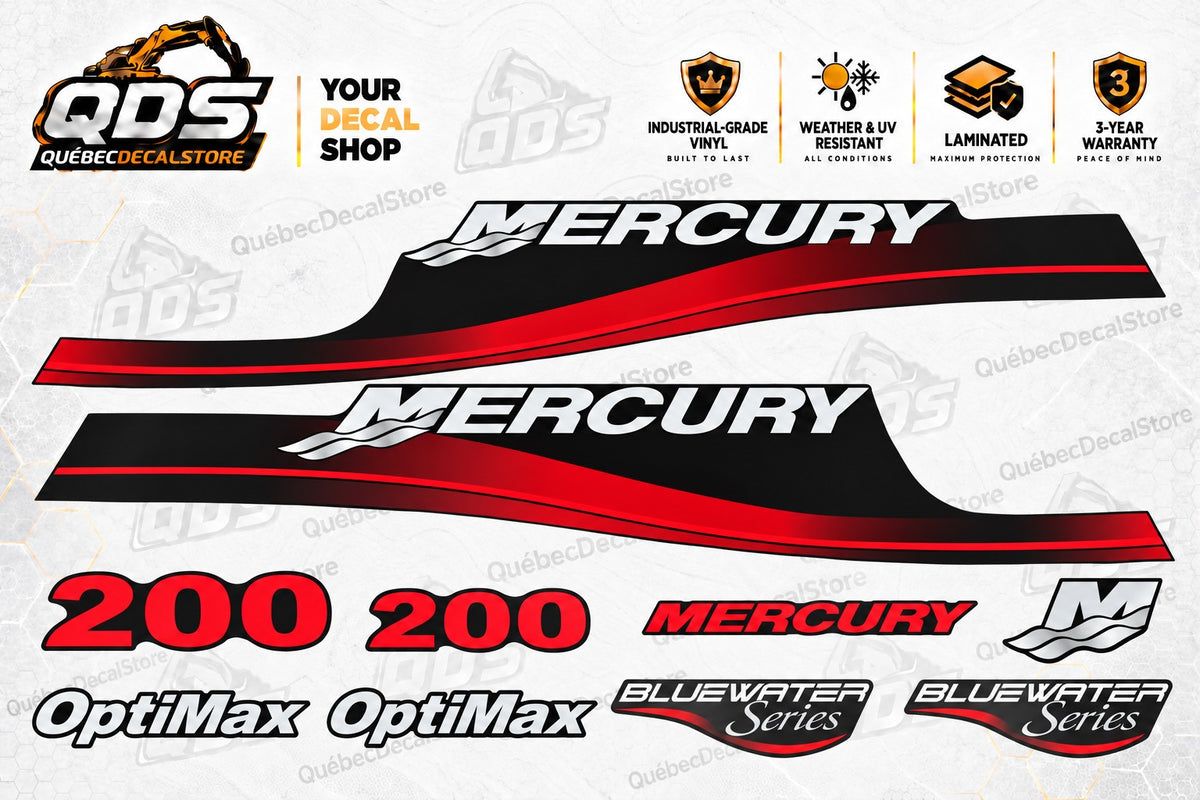 Kit de décalques Mercury 200 HP OptiMax Bluewater Series pour moteur hors-bord