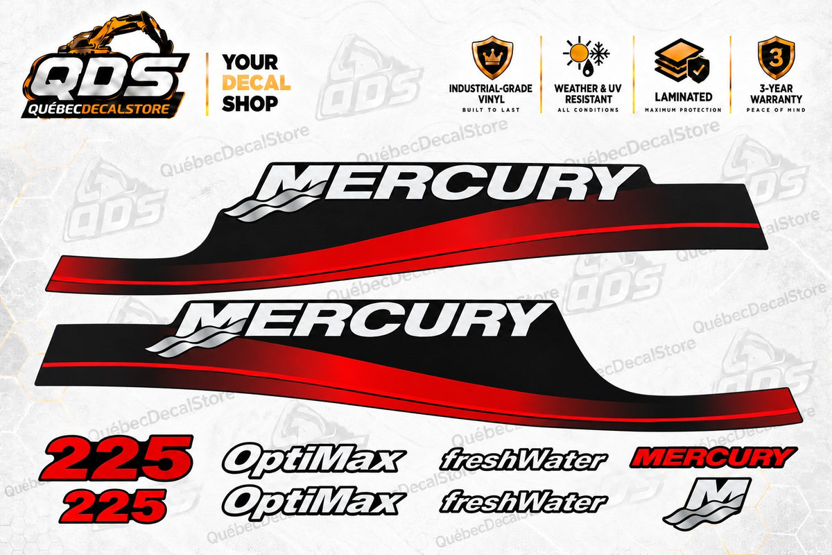Mercury 225 HP OptiMax Freshwater replacement outboard decal kit with two black and red cowling side panels, two 225 markings, MERCURY graphics and OptiMax and freshWater labels by QuébecDecalStore