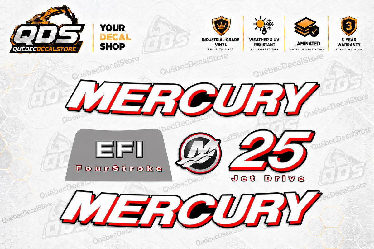 Mercury 25 HP EFI FourStroke Jet Drive replacement decal kit with two silver and red Mercury wordmarks, EFI FourStroke panel, round Mercury emblem, 25 marking and Jet Drive lettering.