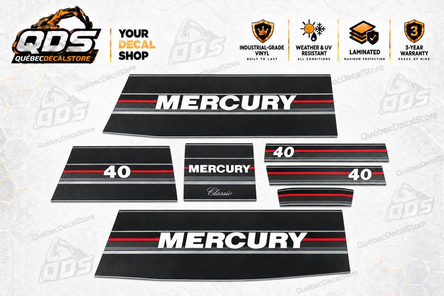 Mercury 40 HP Classic seven-piece replacement decal kit with two black side panels, white Mercury lettering, three 40 markings, a Mercury Classic rear panel and red and silver striping.