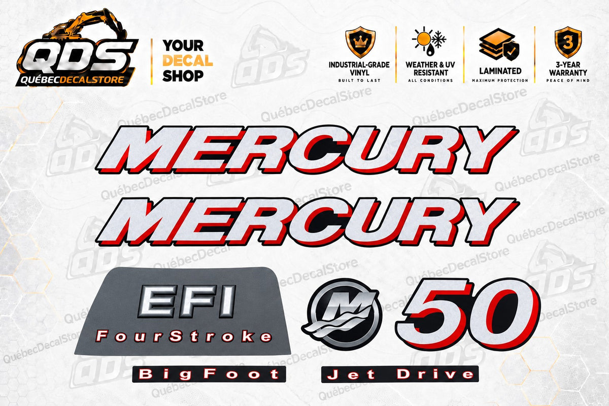 Mercury 50 HP EFI FourStroke 7-piece decal kit, silver and red MERCURY lettering, EFI panel, Mercury emblem, 50, BigFoot and Jet Drive labels.