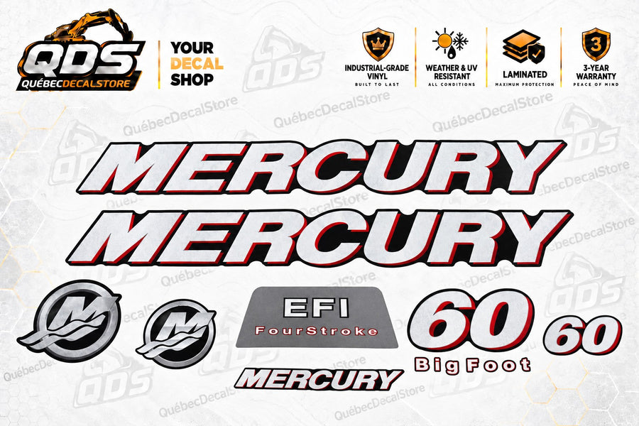Mercury 60 HP EFI FourStroke BigFoot 9-piece decal kit, silver and red lettering, two Mercury emblems, EFI panel and two 60 markings.