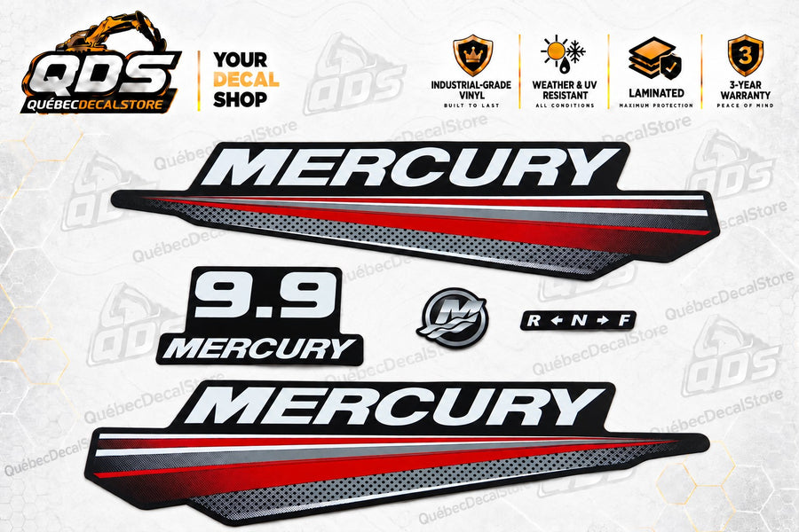 Mercury 9.9 HP replacement decal kit with two red, silver and black side graphics, 9.9 Mercury badge, Mercury emblem and R N F gear position label.