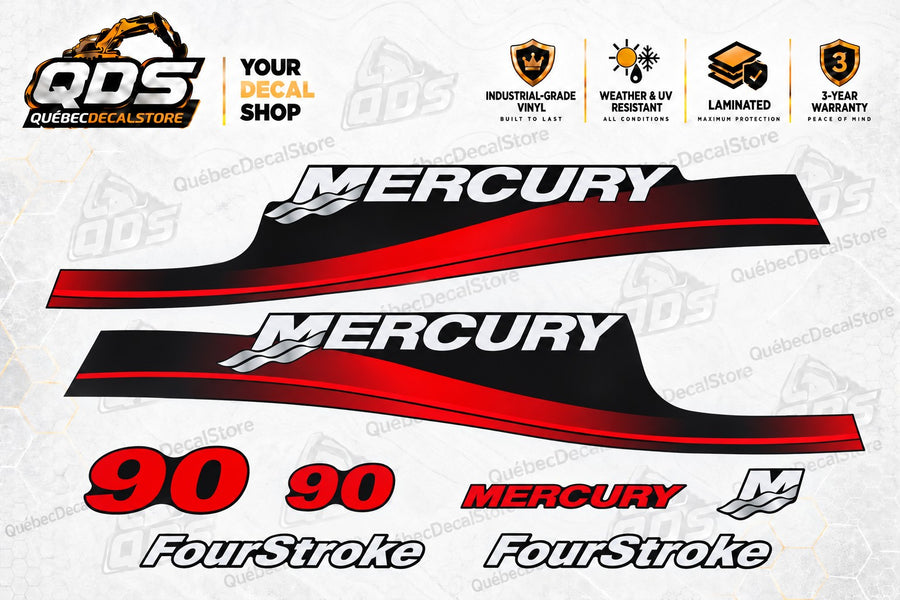 Mercury 90 HP FourStroke replacement outboard decal kit with two black and red cowling side panels, two 90 markings, MERCURY graphics and FourStroke labels by QuébecDecalStore