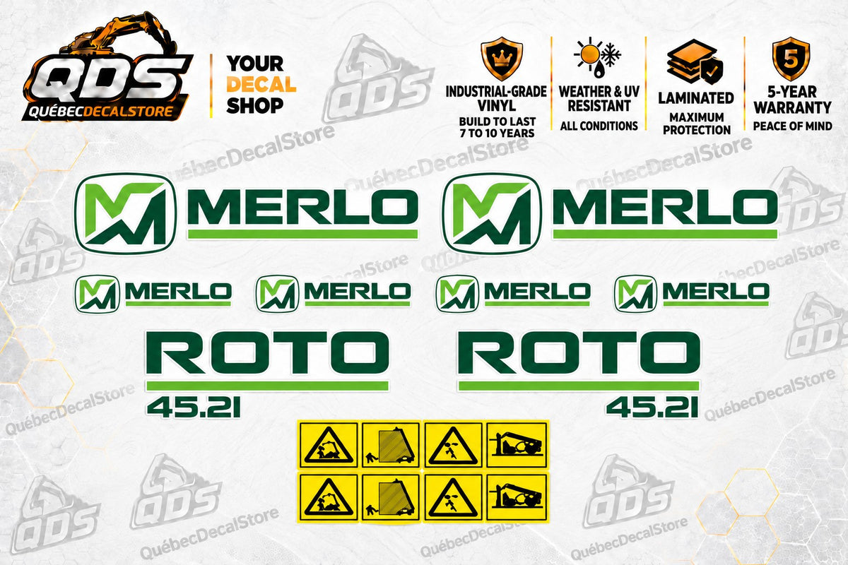 Merlo Roto 45.21 green rotating telehandler replacement graphics and illustrated warning labels