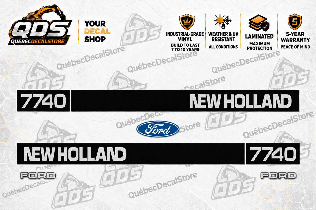 New Holland 7740 tractor decal kit with two black hood graphics, two FORD wordmarks and a blue Ford oval