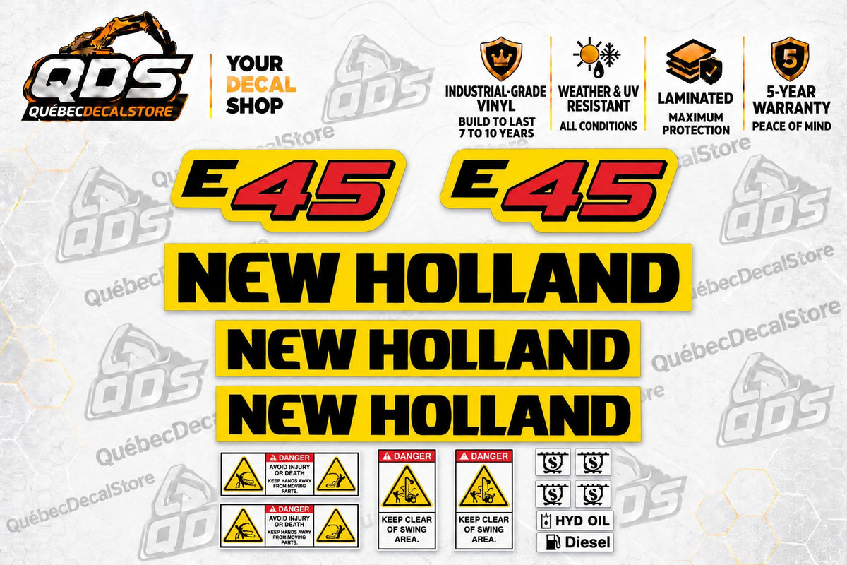 New Holland E45 excavator decal kit with the pictured logos and safety decals — QuébecDecalStore