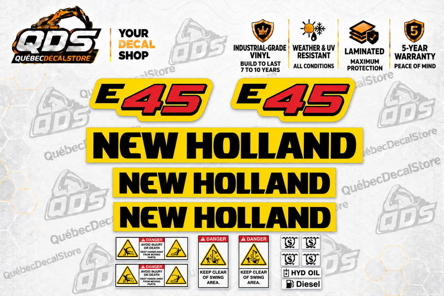 New Holland E45 Excavator Decal Kit – Logos & Safety Graphics