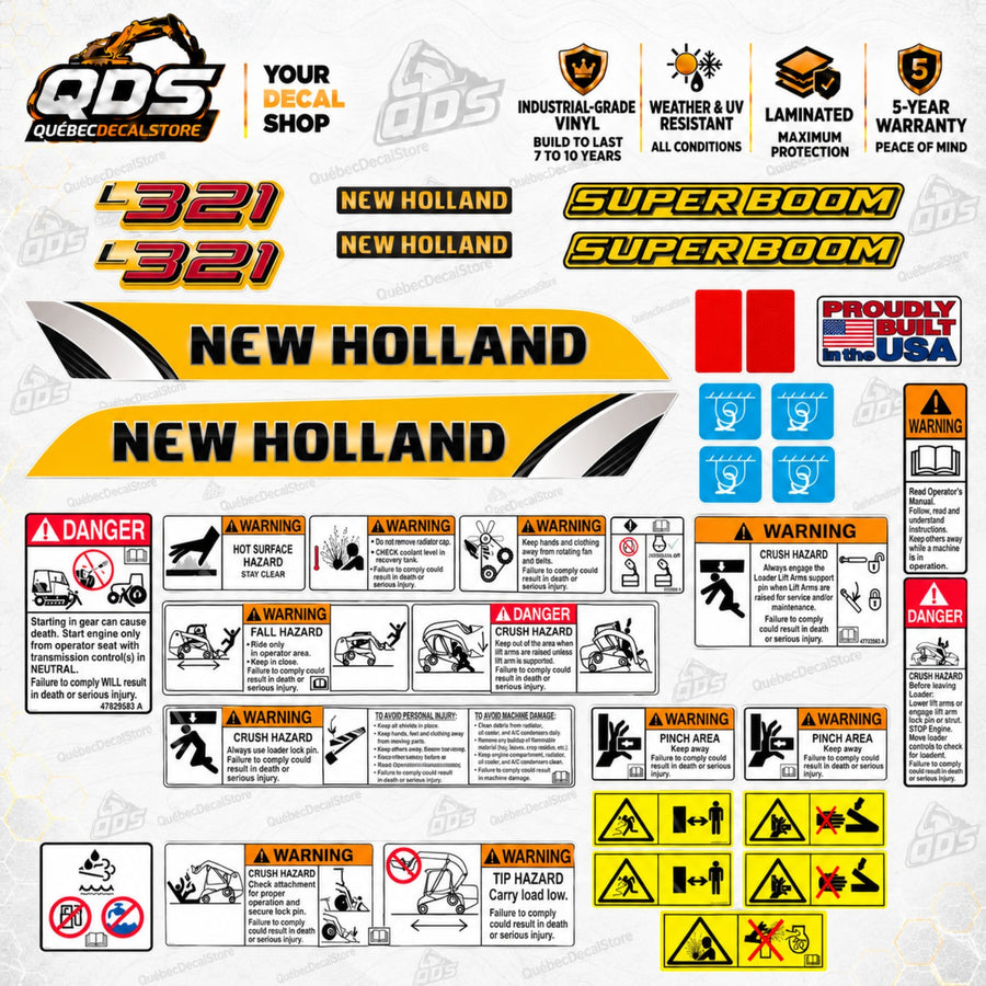 New Holland L321 Super Boom skid steer aftermarket decal kit with yellow side stripes, red model numbers, lifting symbols, red markers and safety warning labels