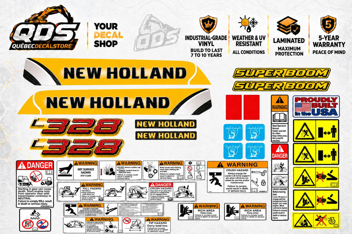 New Holland L328 Super Boom aftermarket skid steer decal kit with yellow side graphics, red model numbers, warning labels and two red markers