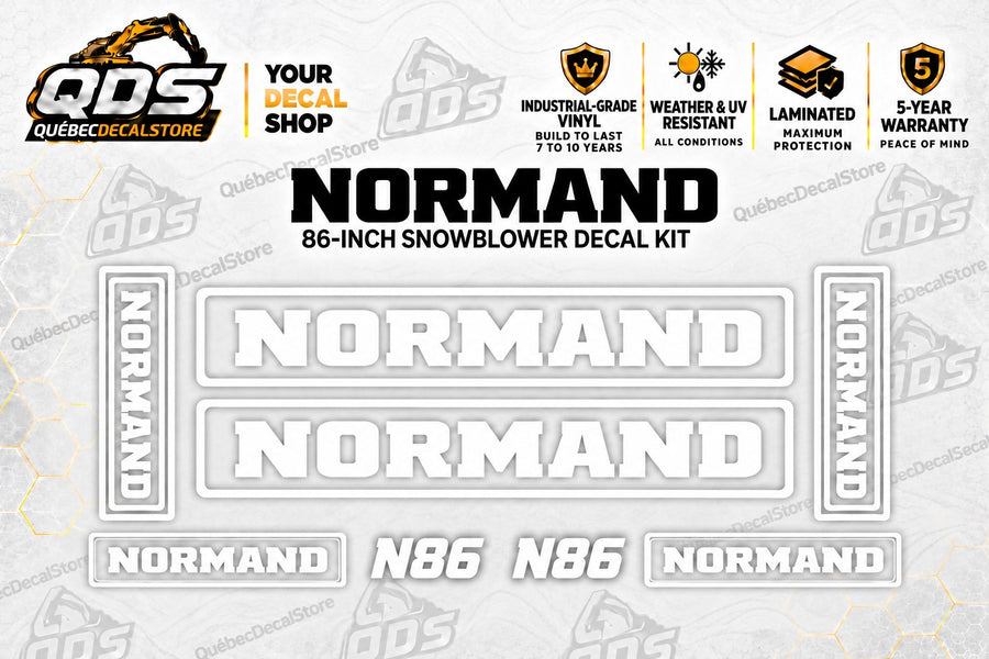 Eight-piece white aftermarket Normand N86 86-inch snowblower logo and model decal kit