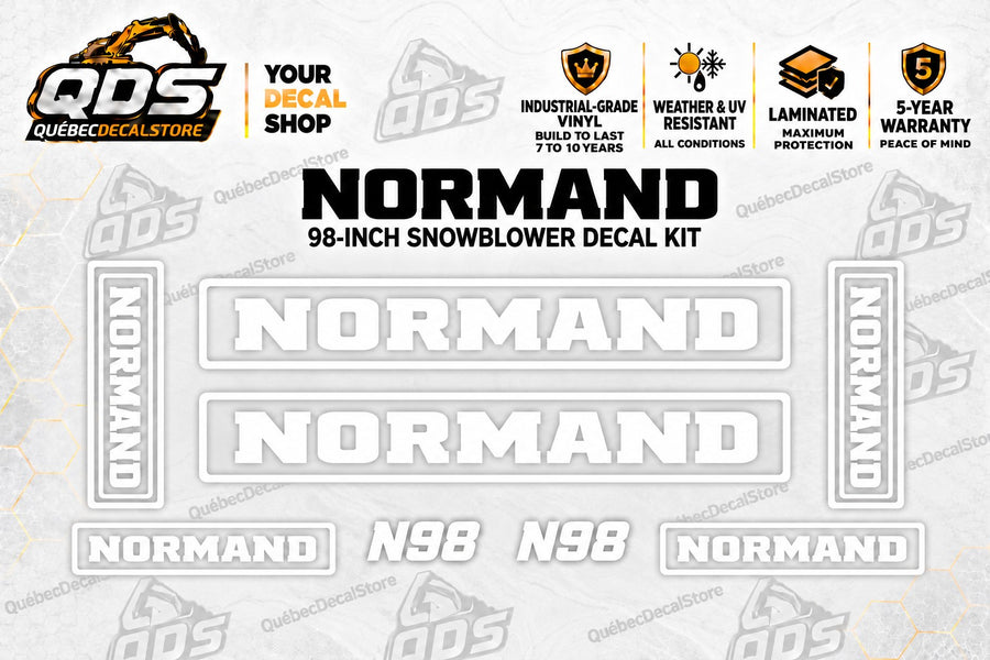 Eight-piece white aftermarket Normand N98 98-inch snowblower logo and model decal kit