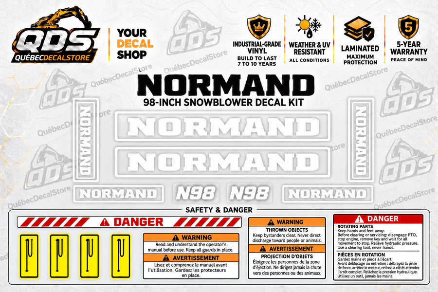 Normand N98 98-inch snowblower replacement decal kit with white logos, N98 identifiers and bilingual safety decals by QuébecDecalStore